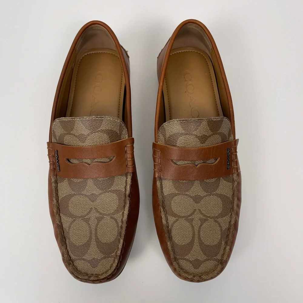 COACH Mott‎ Driver Loafers Khaki Brown Signature Jacquard Leather Mens 7D Career